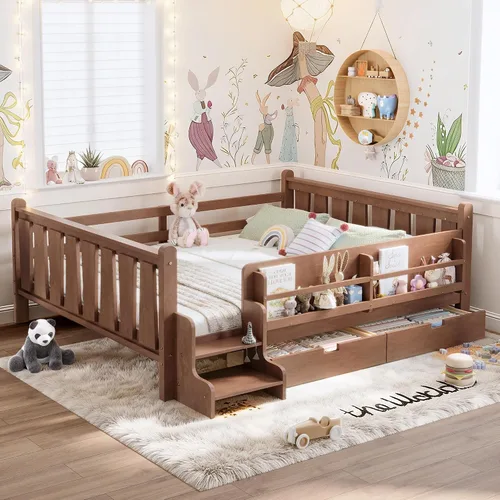 Vista 11 de Cama Montessori de tamaño matrimonial con estantería, cajones de Natural