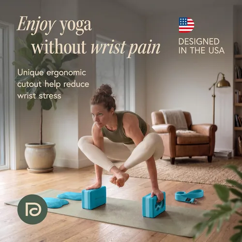 Vista 2 de Deep-Zen® Bloques de yoga con soporte de muñeca; bloques de yoga 2 unidades con rodilleras y correa para poner menos peso en las muñecas; juego