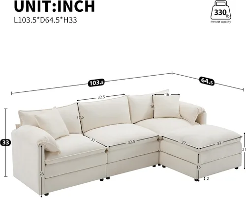 Vista 2 de Sofá modular modular en forma de L de 103.5 pulgadas para sala de estar, cómodos sofás de felpilla de 4 plazas con otomana móvil (crema)