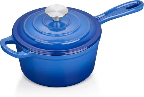 Vista 31 de E-far Sartén de hierro fundido esmaltado con tapa, cacerola de horno holandés de 1 cuarto de galón, mini olla para cocinar, hervir, saludable