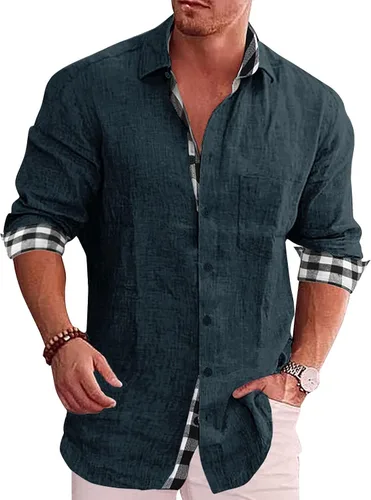 Vista 2 de Camisa de vestir formal ajustada para hombre, camisas casuales de negocios, manga larga, camisetas gruesas con botones, blusa a cuadros