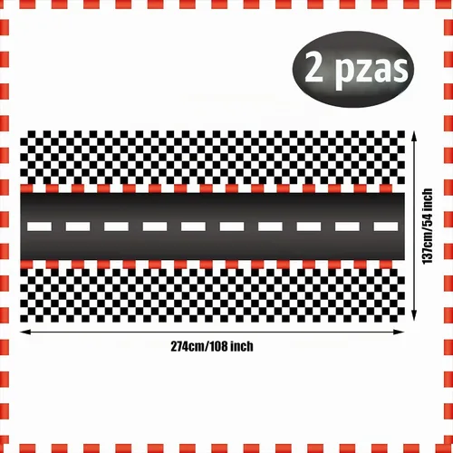 Vista 2 de 2 manteles de plástico desechables con diseño de automóvil de carreras, con diseño de bandera a cuadros negros, mantel rectangular para niños