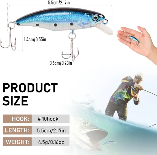 Vista 6 de Kit de señuelos de pesca con caja organizadora, mezclado, incluye minnow Popper Crank VIB cebos para lápices con ganchos para agua salada y agua