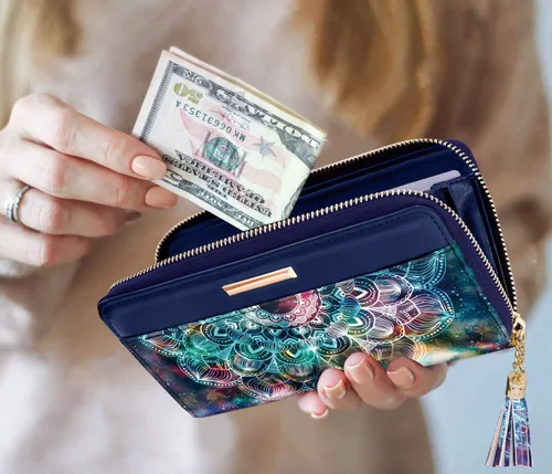 Vista 4 de Carteras para mujer, de piel sintética, tarjetero organizador con borla y correa de muñeca, Mándala, Casual