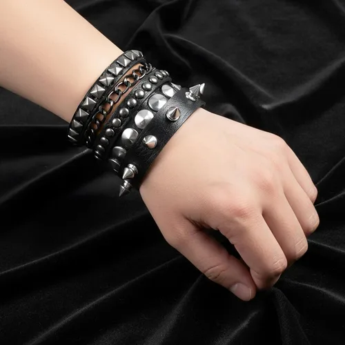 Vista 6 de Ptwola 3 pulseras de cuero punk rock con tachuelas, pulseras de joyería de cuero punk de los años 80, juego de pulseras góticas de los años 80