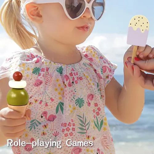 Vista 7 de Juego de helados de madera de Pillowhale para niños – 24 piezas Juguetes de simulación de helados con conos, paletas, coberturas, salsas y cucharas