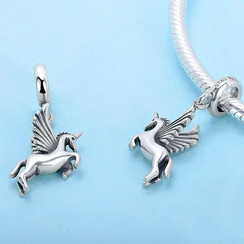 Vista 2 de Abalorio de unicornio de plata de ley 925 para mascotas, abalorios de moda, pulsera y collar, Plata