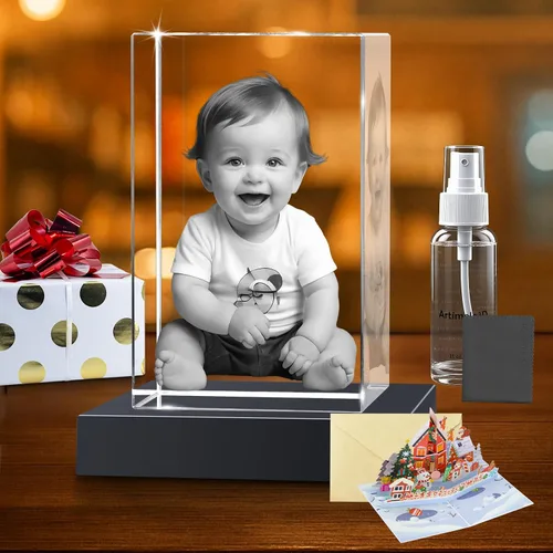 Vista 21 de Marco de Fotos Personalizado de Cristal 3D Rectangular Pequeño (Horizontal) – Premium: Base LED Multicolor, Envoltorio para Regalo y Tarjeta 3D