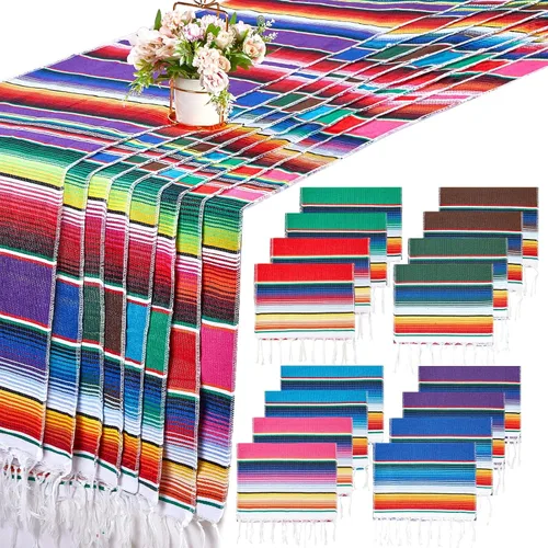 Vista 8 de Moukeren 16 caminos de mesa de serape mexicano, 14 x 84 pulgadas, arco iris, bohemio, con flecos, de algodón, decoración de fiesta temática mexicana