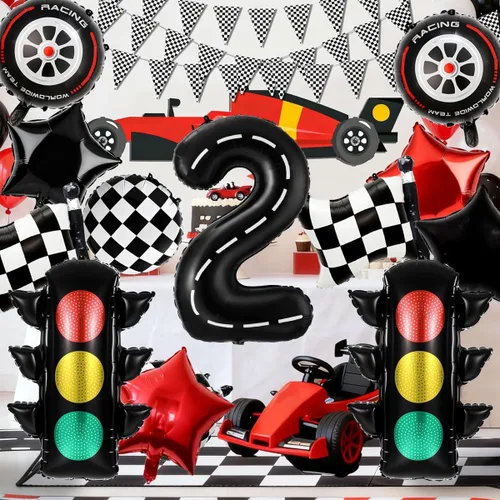 Vista 6 de Decoraciones de fiesta de cumpleaños de auto de carreras, globo negro número 2 de 40 pulgadas, globo de aluminio para decoración de cumpleaños