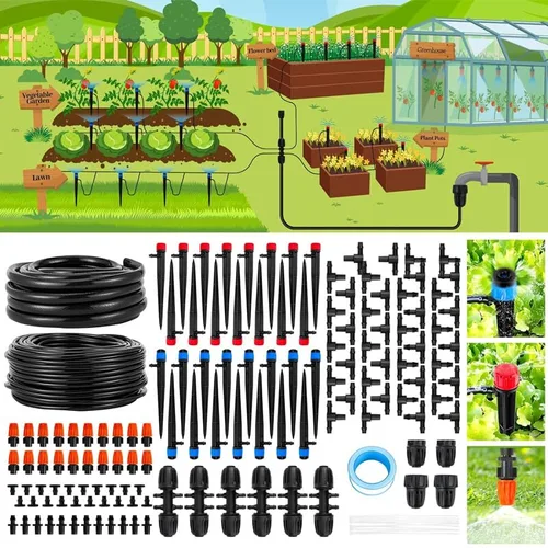 Vista 11 de Kit automático de riego por goteo para invernadero, patio y jardín, sistema de riego por micronebulización con boquillas ajustables, temporizador