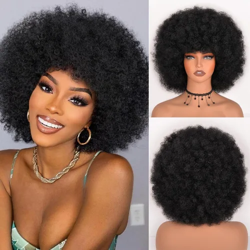 Vista 37 de Vitorish Peluca corta afro rizada con flequillo para mujeres negras, peluca sintética resistente al calor, color negro natural, para uso diario