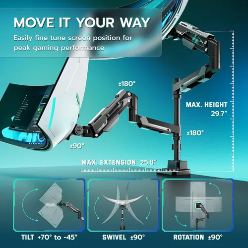 Vista 5 de ARES WING Soporte vertical para monitor doble, brazos de monitor de aluminio resistente de 24-57 pulgadas para 2 monitores, soporte de monitor