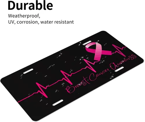 Vista 6 de Placa de matrícula de aluminio con cinta rosa de concientización para sobrevivientes de cáncer de mama, 6 x 12 pulgadas, cubierta de metal para Azul