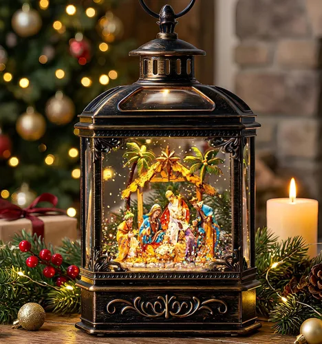 Vista 16 de Globo de nieve navideño con agua brillante, escena de cardenal con música y temporizador, linterna iluminada con USB/operada por batería