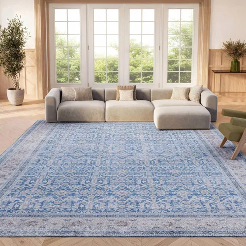 Vista 9 de SAFAVIEH Tucson Collection - Alfombra lavable de 2 pies 6 pulgadas x 6 pies, azul y al óxido, antideslizante y fácil de limpiar, ideal para pasillo