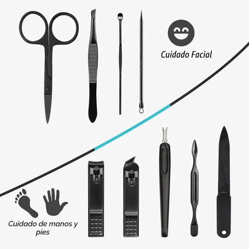 Vista 5 de HANTEKAS Juego de Manicura 9 en 1 de Acero Inoxidable, Cortaúñas Tijeras Kit de Herramientas de Pedicura - Kit de Aseo Portátil de Viaje para Azul