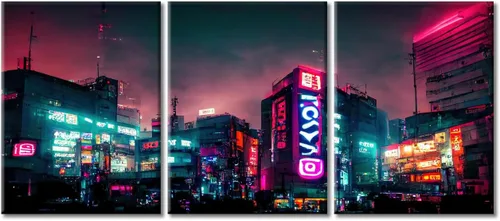 Vista 96 de Arte de pared de 3 piezas de escena de ciencia ficción de la calle comercial futurista paisaje urbano, decoración de pared para dormitorio