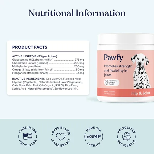 Vista 4 de Pawfy Suplemento para Cadera y Articulaciones para Perros con MSM y Vitaminas Glucosamina Condroitina para Razas Pequeñas, Medianas y Grandes
