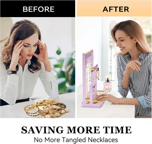 Vista 3 de Soporte organizador de joyas con soporte de terciopelo para anillos, organizador de joyas de 4 niveles con 15 ganchos, organizador de collares