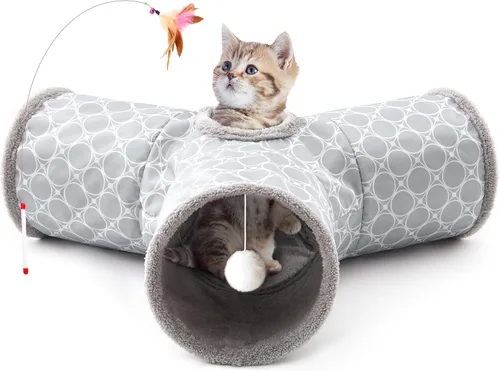 Vista 8 de Tempcore Túnel para gatos con tubo de juguete, túneles plegables de 3 vías para gatos, túneles para mascotas aburridas con agujero y pelota, juguete