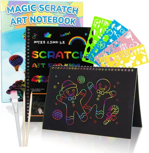 Vista 7 de Paquete de 2 juegos de arte de papel para rascar: cuadernos, suministros de Negro profundo