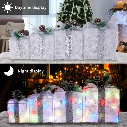 Vista 2 de COVFEVER Cajas de Regalo Iluminadas de Navidad, Juego de 4 Cajas de Regalo con Luces Preinstaladas, Juego de Cajas de Regalo Iluminadas que