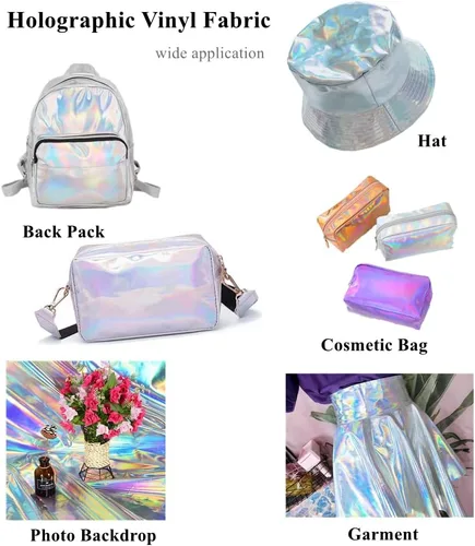 Vista 5 de 11.8"x53" Tela de cuero sintético holográfica, vinilo reflectante de espejo para lazos para el cabello, bolsas, manualidades de costura (Negro)