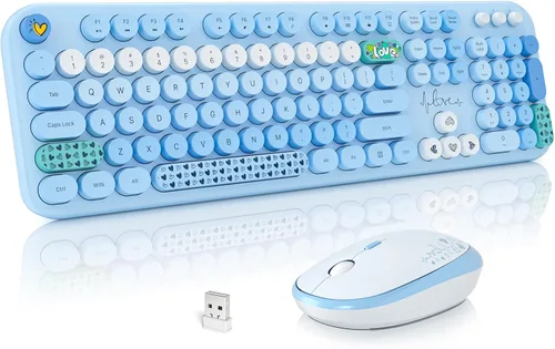 Vista 9 de MOFII Combo de teclado y mouse inalámbricos, lindo teclado de tamaño completo y mouse inalámbrico, juego de teclado retro de 2.4 GHz