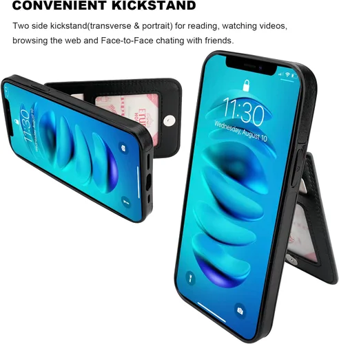 Vista 5 de KIHUWEY - Funda tipo cartera para iPhone 14 Plus, tarjetero con soporte, color negro Ranuras para tarjetas de crédito, piel sintética, cierre