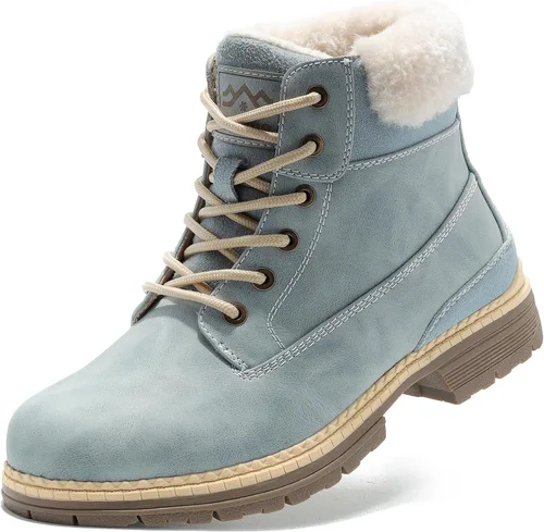 Vista 8 de Botas de invierno para senderismo en la nieve para mujer, botas de trabajo de combate marrones casuales, botas de tobillo antideslizantes con forro