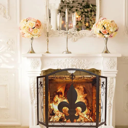 Vista 5 de BestGiftEver Pantalla decorativa para chimenea de 3 paneles con diseño de flor de lis, marrón oscuro clásico, cubierta decorativa de malla de hierro
