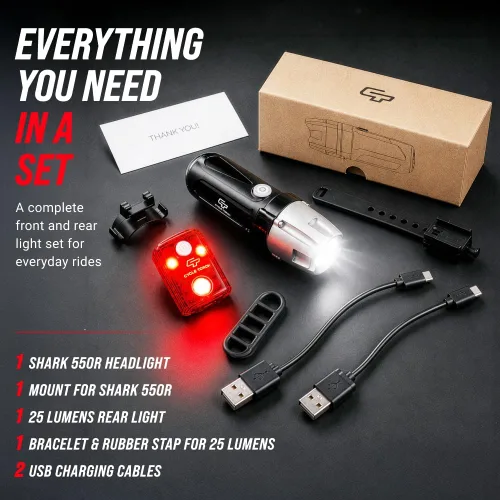 Vista 8 de Luces de bicicleta para montar por la noche, USB recargable Shark 550 Ultra Bright LED Luces de bicicleta delantera y trasera luz trasera
