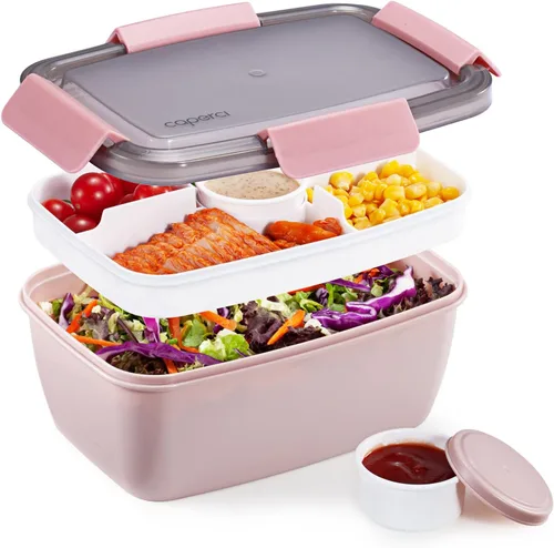 Vista 10 de Caperci Recipiente grande para ensalada para el almuerzo, lonchera Bento para adultos de 68 onzas, bandeja de 5 compartimentos, 2 tazas de salsa