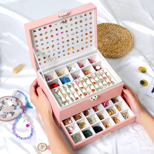 Vista 5 de QBestry Soporte para aretes para niñas, joyero para mujeres y niñas, organizador de aretes, caja organizadora de joyas con cerradura, caja