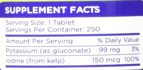 Vista 8 de Suplemento de apoyo con gluconato de potasio con yodo Kelp, de 250 comprimidos, 0,003 oz por tableta con 0,000005 oz de yodo, para la presión