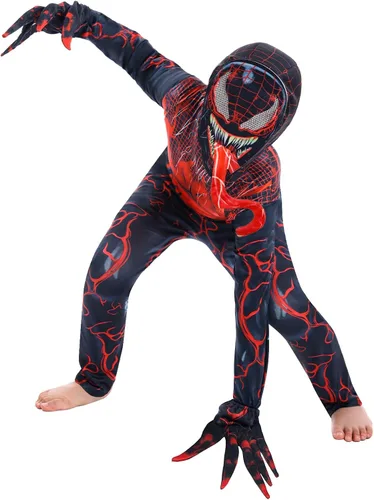 Vista 2 de TWITTOOLS Disfraz de Halloween para niños, disfraz de superhéroe para cosplay, overol de elastano 3D con máscara de lengua, guantes