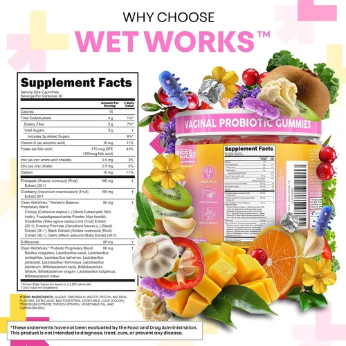 Vista 5 de Clean Nutraceuticals Clean Nutra Pineapple Cranberry D-Manose + Probiotic Gummies 60 unidades Suplemento diario para mujer Gomitas con sabor a