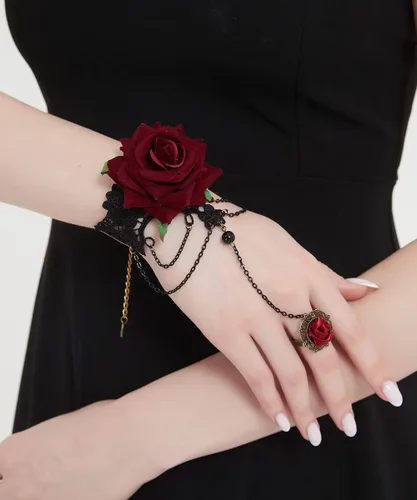 Vista 3 de Pulsera gótica de encaje con anillo de dedo, pulsera esclava de flores rosas, arnés de fiesta Lolita Costome, cadena de mano para mujeres, novias