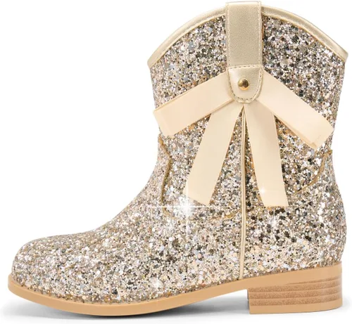 Vista 10 de Coutgo Botas vaqueras para niñas, botas de tacón bajo con purpurina, botas Azul