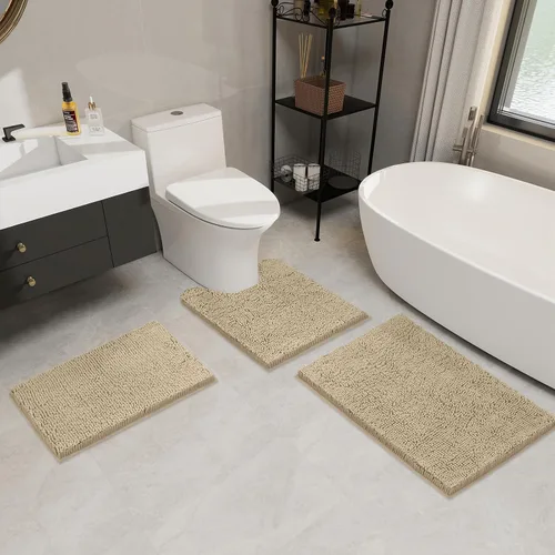 Vista 2 de LINLA Juego de 3 alfombras de baño de felpilla absorbente antideslizante, juego de alfombras de felpilla de felpa gruesa, se pueden lavar y secar
