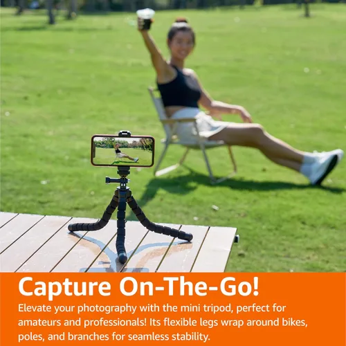 Vista 6 de Amazon Basics Trípode portátil y flexible con control remoto inalámbrico y abrazadera para teléfono inteligente, 10 pulgadas de largo, color negro