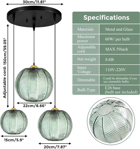 Vista 3 de Lámpara colgante verde, 3 en 1, accesorios de lámpara colgante de vidrio grande E26 E27 de mediados de siglo, lámpara de araña moderna acanalada