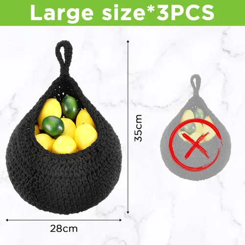 Vista 2 de Dandat Cestas de frutas colgantes grandes para cocina, diseño de lágrima, cestas de pared, soporte bohemio tejido a mano para cocina, verduras