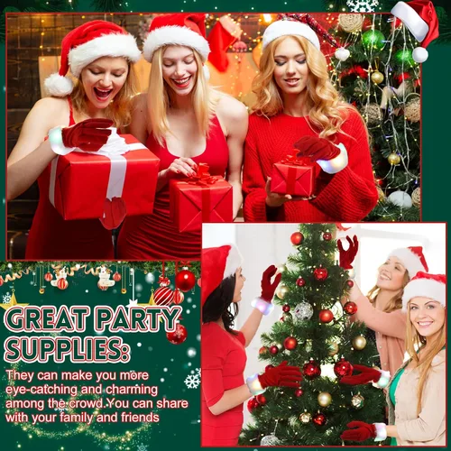 Vista 5 de Suhine 10 pares de guantes rojos de Navidad iluminados con luz LED, guantes cortos de disfraz con puño peludo blanco, guantes de Papá Noel