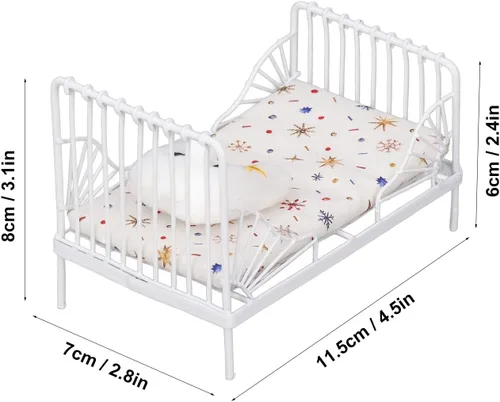 Vista 7 de Cama de metal para casa de muñecas de 1/12, almohada con patrón de estrellas, muebles en miniatura para coleccionistas, constructores de modelos