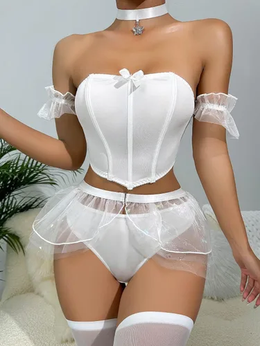 Vista 3 de WDIRARA Conjunto de 6 piezas para mujer, con estampado de mariposa, malla en contraste con lazo frontal, ropa interior sin tirantes