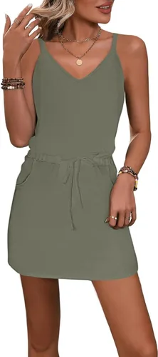 Vista 3 de SAUKOLE Vestido de verano para mujer, sin tirantes, salida de baño, estilo bohemio, vestido corto con cordón en la cintura y bolsillos