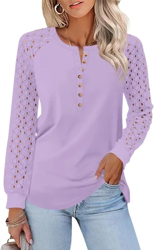 Vista 29 de Minetom Camisetas de manga larga con encaje para mujer, blusas casuales