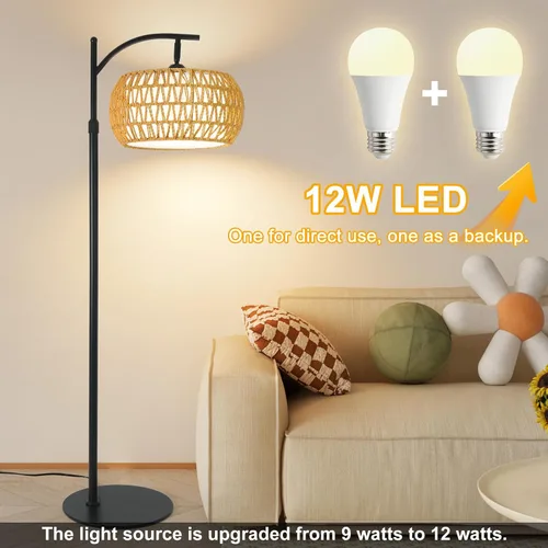 Vista 8 de Lámpara de pie de ratán boho con pantalla - Bombilla LED brillante de 12 W, altura ajustable de 48-60 pulgadas, control remoto con 3 temperaturas